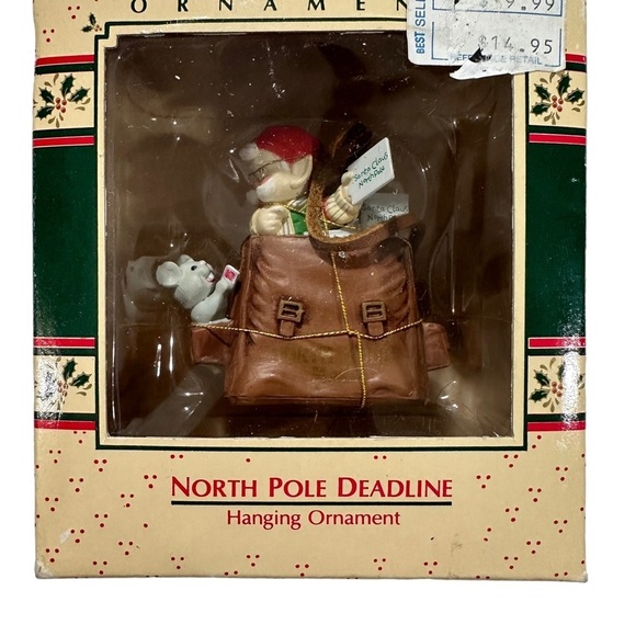 1988 Enesco Santa and Mouse Christmas Hanging Ornament NORTH POLE DEADLINE - Picture 2 of 11